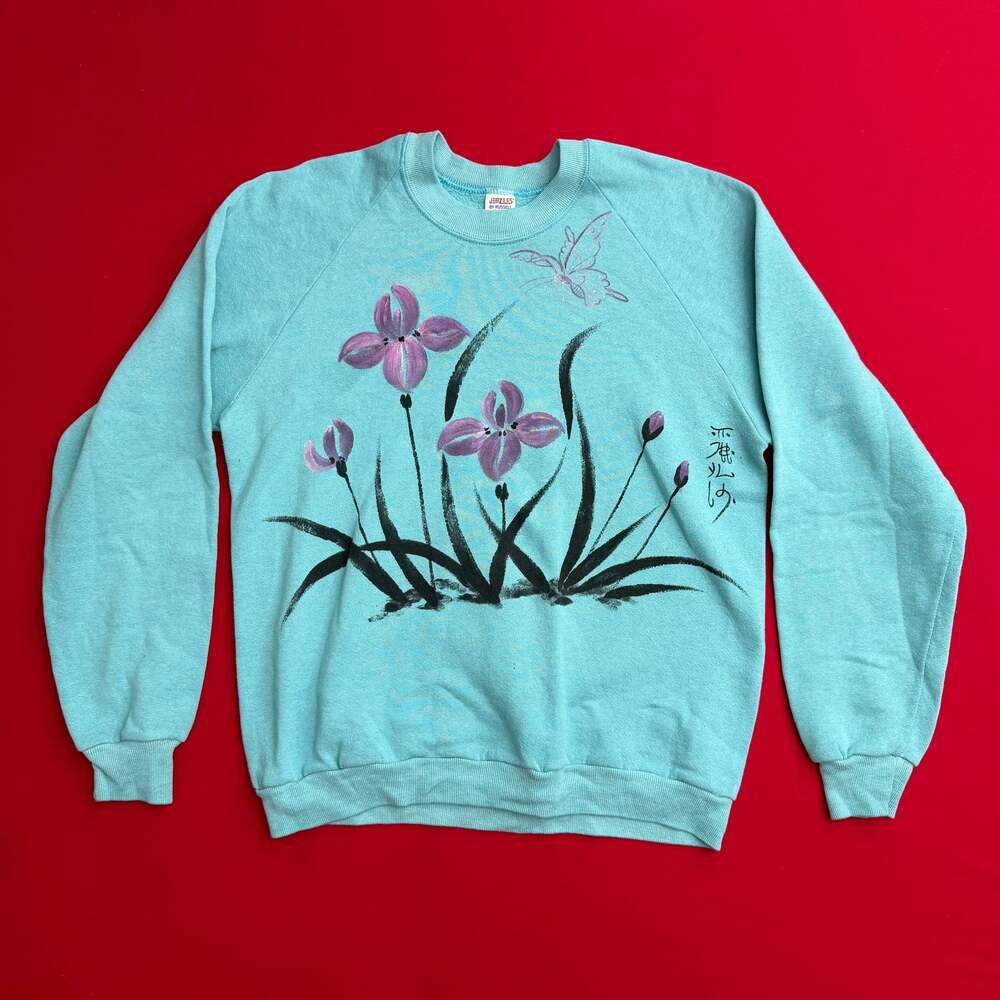 Vintage 80s Jerzees Made in USA Floral Lily Graphic Sweatshirt Teal unisex large
